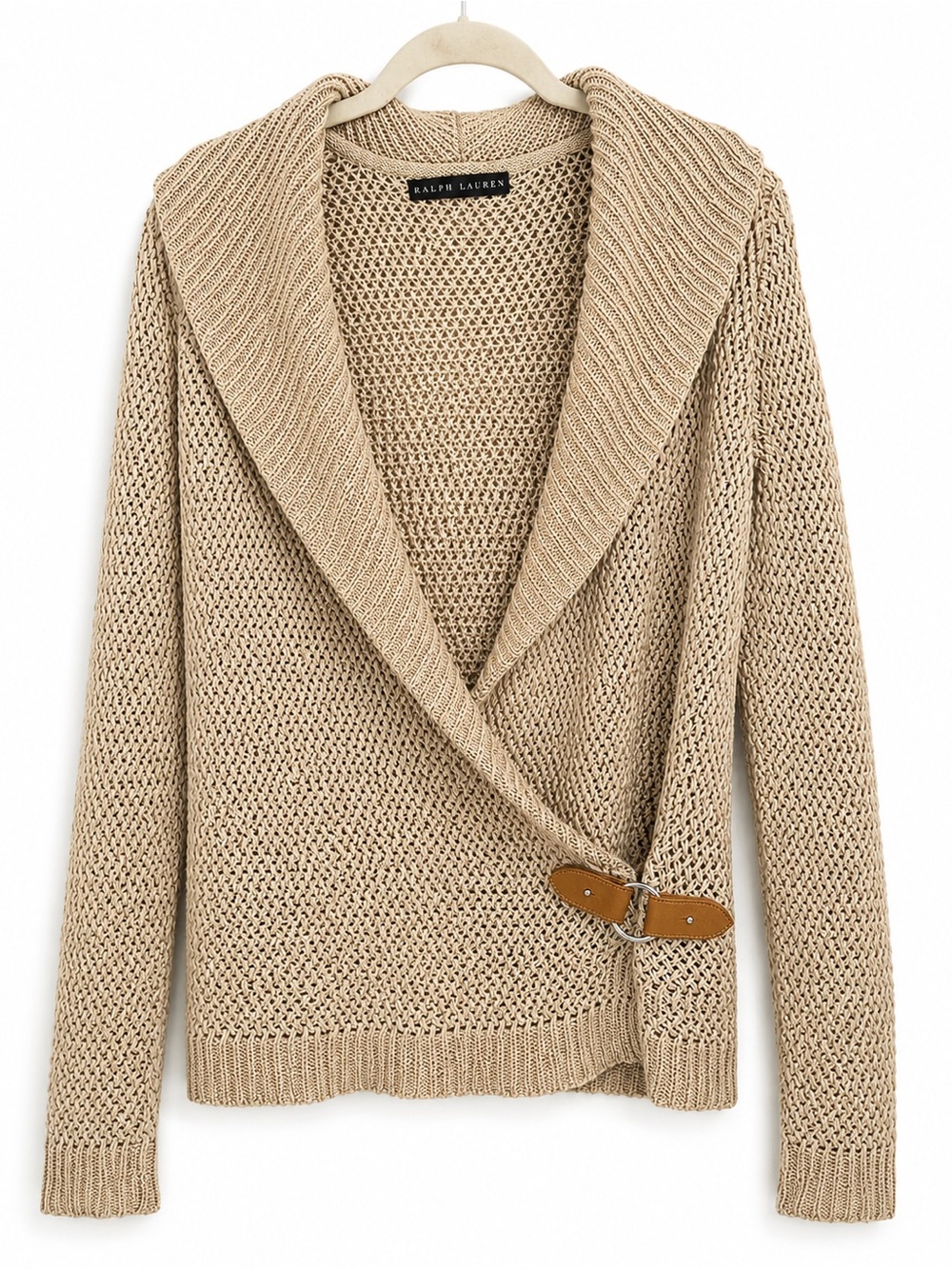 Ralph Lauren Pure 100% Linen Beige Shawl Collar Knit Sweater Leather Strap MED